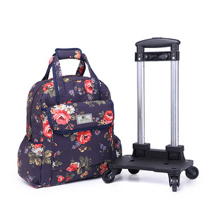 Girls Floral Print Trolley Backpack With Detachable Trolley Casual Daypack Spinner Luggage 4 Wheels Carry On Roller Bags