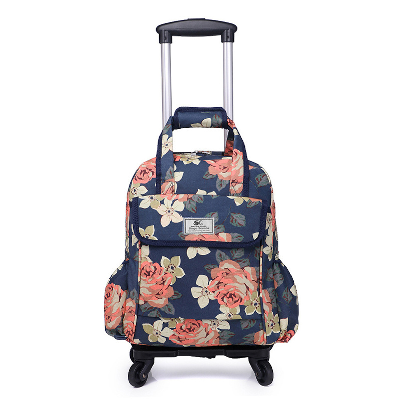 Girls Floral Print Trolley Backpack With Detachable Trolley Casual Daypack Spinner Luggage 4 Wheels Carry On Roller Bags