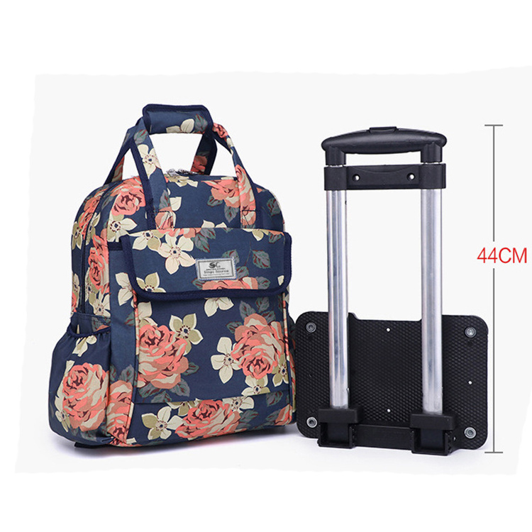 Girls Floral Print Trolley Backpack With Detachable Trolley Casual Daypack Spinner Luggage 4 Wheels Carry On Roller Bags