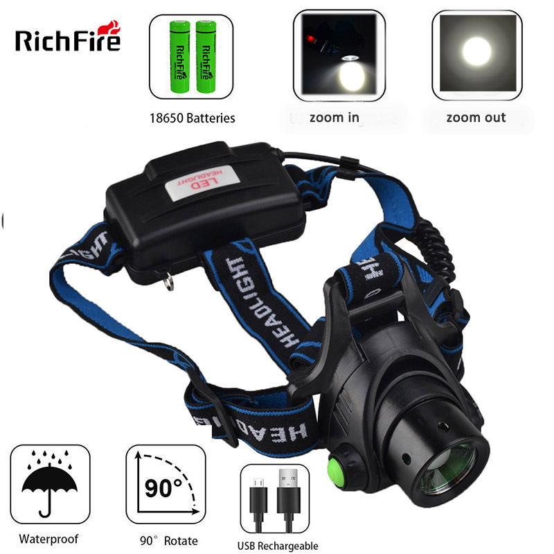 RichFire Waterproof Zoomable T6 LED Headlamp 1000lumens Headlight Flashlight Head Torch