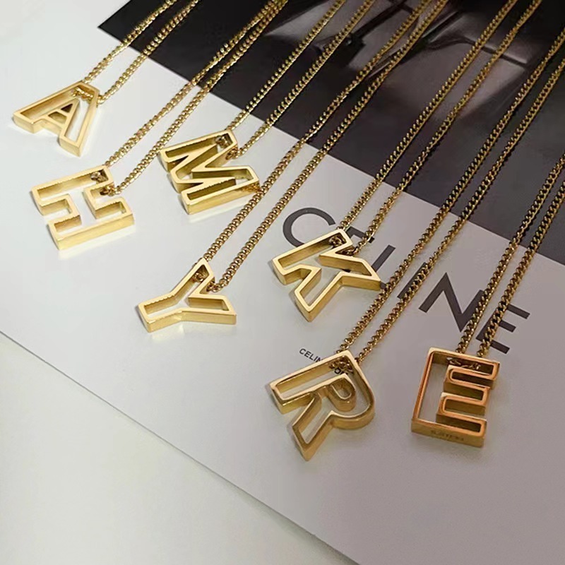 Tarnish free jewelry Waterproof 18 k Gold Plated Stainless Steel 3D Charm Pendant 26 Initial Letter A-Z Alphabet Necklace