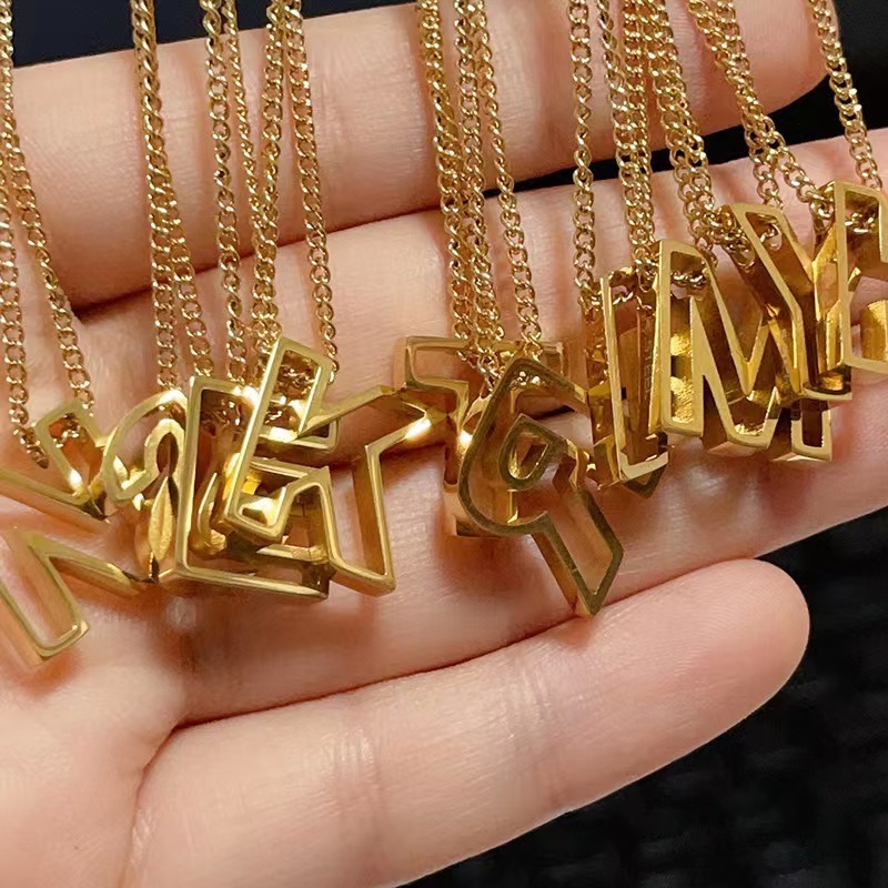 Tarnish free jewelry Waterproof 18 k Gold Plated Stainless Steel 3D Charm Pendant 26 Initial Letter A-Z Alphabet Necklace