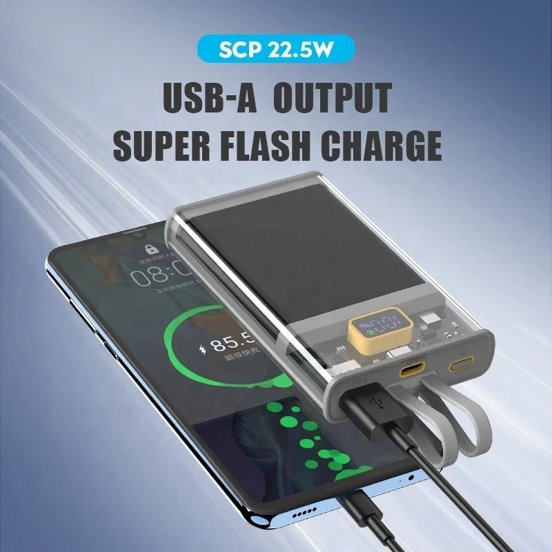 Transparent power bank 10000mah fast charging powerbanks 20000mah with built-in cable type-C output power banks