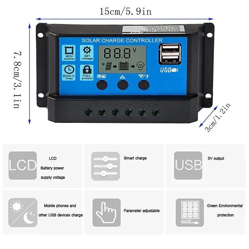 PWM Solar Charger Controller 10A 20A 30A 40A 50A 60A with 5V USB Output and LCD Display for Battery Charging