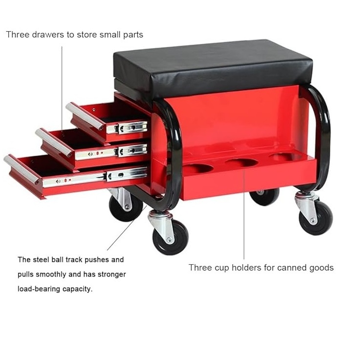 Rolling Workshop Creeper Seat with 4 Universal Wheels 3 Drawers Can Holders