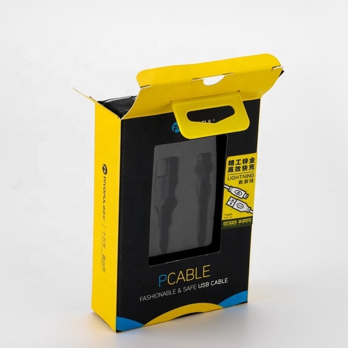 Customized Size White And Yellow Packaging Usb Data Cable Wire Phone Charger Packaging Box With Pvc Window