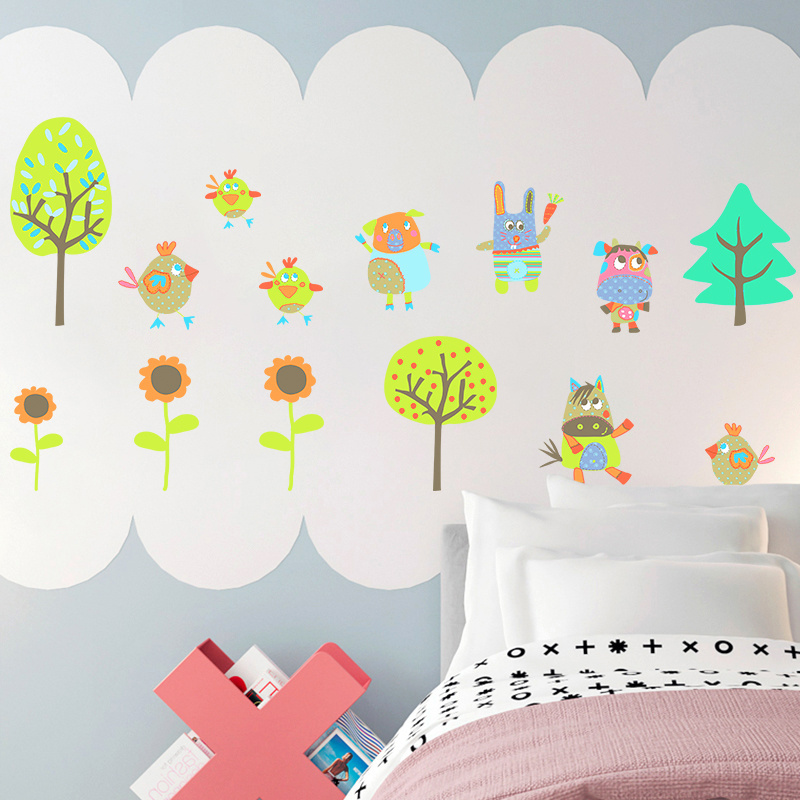 Large Size Farm Cartoon Animals Chickens Cattle Flowers Trees Wall Decals Self-adhesive  Removable Wall Sticker Kids Room Wall