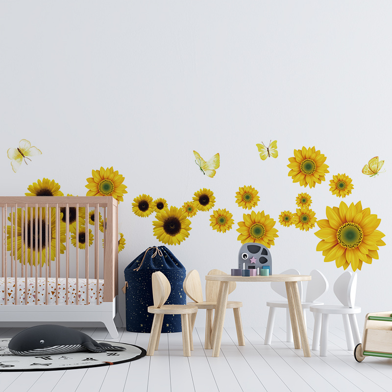 Yellow sunflower decorative stickers spring lovely sunflower pvc wall decor vinyl sticker custom wall decal