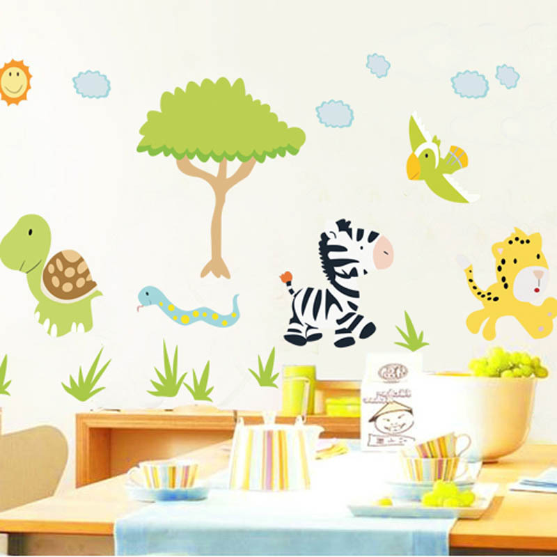 Zebra turtle trees and flowers Pvc home stickers animal cartoon stickers  wall  stickers for kids room nursery school wall Decal