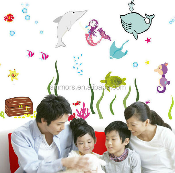 underwater world PVC decal wall sticker ocean animals fish dolphin mermaid wall sticker for kids room home decors