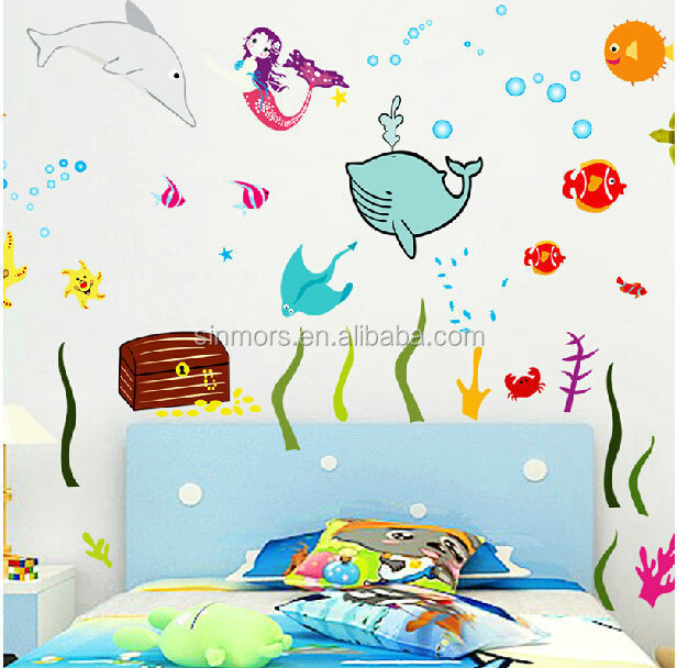 underwater world PVC decal wall sticker ocean animals fish dolphin mermaid wall sticker for kids room home decors