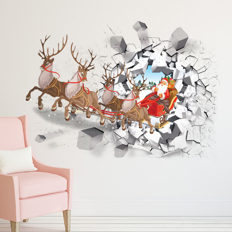 3D Removable Santa Sleigh Elk Christmas  Waterproof Wall Sticker PVC Home Decal Festival Sticker Window Peel And Stick