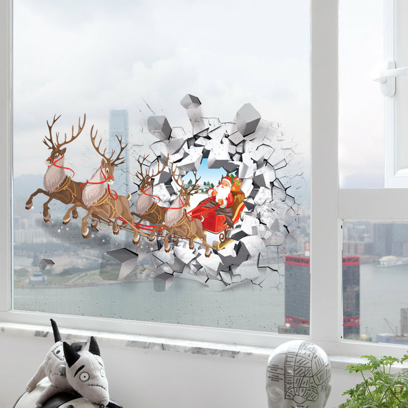 3D Removable Santa Sleigh Elk Christmas  Waterproof Wall Sticker PVC Home Decal Festival Sticker Window Peel And Stick