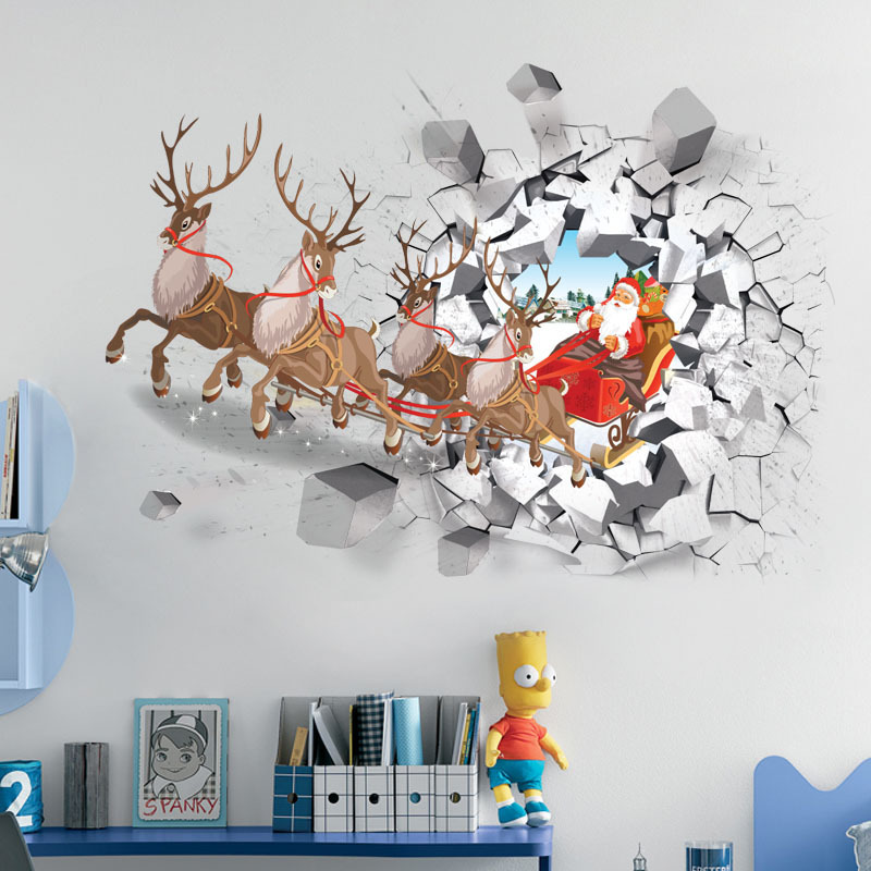 3D Removable Santa Sleigh Elk Christmas  Waterproof Wall Sticker PVC Home Decal Festival Sticker Window Peel And Stick