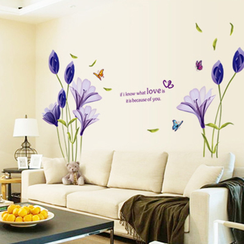 Multi-style Purple Flower Wall Decor Decals PVC Sticker Large Size Reusable Printed Wallpaper Sofa Background Transfer Sticker