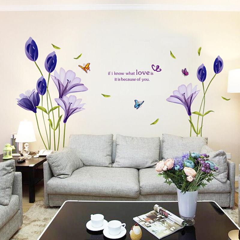 Multi-style Purple Flower Wall Decor Decals PVC Sticker Large Size Reusable Printed Wallpaper Sofa Background Transfer Sticker