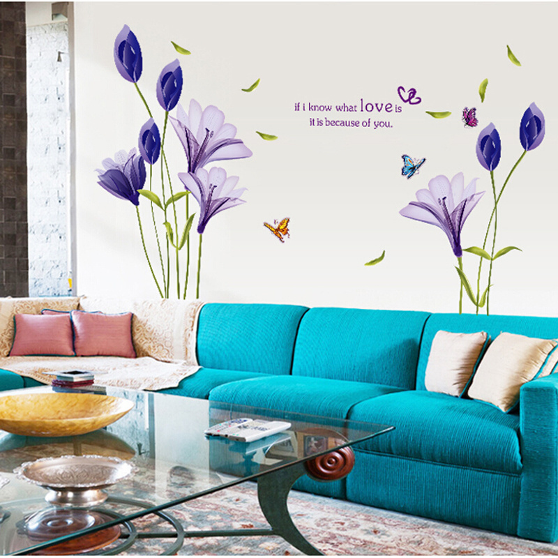 Multi-style Purple Flower Wall Decor Decals PVC Sticker Large Size Reusable Printed Wallpaper Sofa Background Transfer Sticker