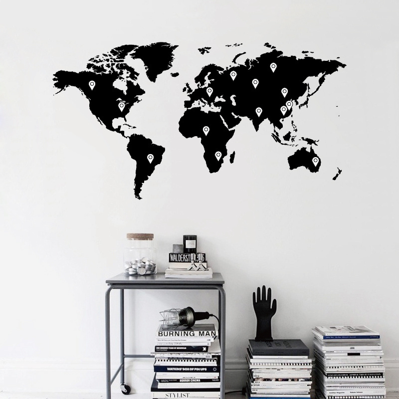 Factory price Home Decor Black Printed Map Wall Decal Eco-frindly Removable Vinyl Decal World Sticker