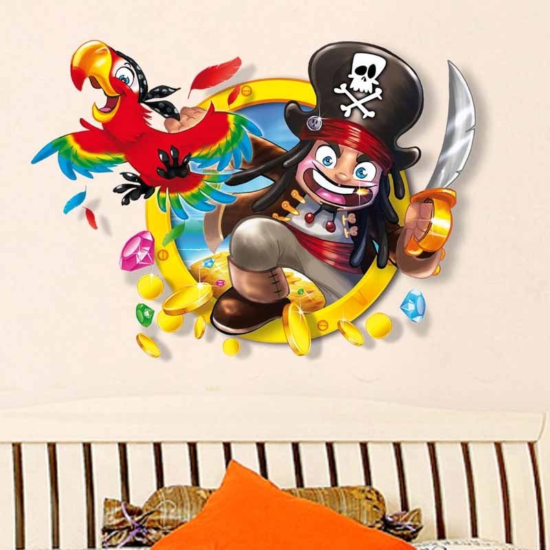 3D Parrot Pirate Cartoon Wall Sticker Home Decal PVC Room Wall Art Large Size Reusable Eco-friendly For Kids