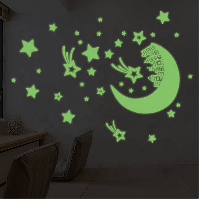 3D DIY Luminous Vinayl Wall Stickers Moon stars Glow in the Dark Wall Fluorescent Glow Stickers