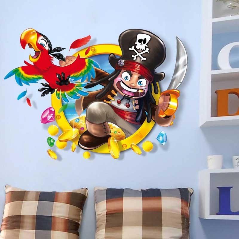 3D Parrot Pirate Cartoon Wall Sticker Home Decal PVC Room Wall Art Large Size Reusable Eco-friendly For Kids