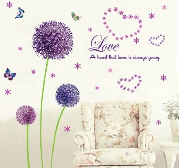 Wholesale Love Butterfly Purple Dandelion Flower Decal Room Decor Removable  3d PVC Wall Sticker