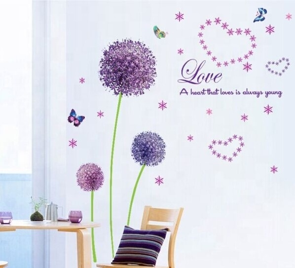 Wholesale Love Butterfly Purple Dandelion Flower Decal Room Decor Removable  3d PVC Wall Sticker