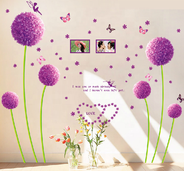 Wholesale Love Butterfly Purple Dandelion Flower Decal Room Decor Removable  3d PVC Wall Sticker