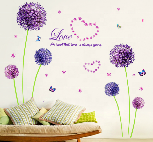 Wholesale Love Butterfly Purple Dandelion Flower Decal Room Decor Removable  3d PVC Wall Sticker