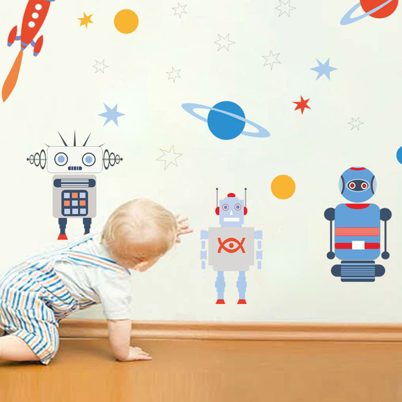 Kids Cartoon Space Robot Removable Eco-friendly PVC Wall Decor Sticker airship wall sticker kids bedroom decoration stickers