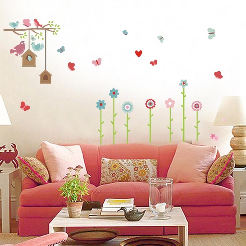 High quality wall decals Removable Flowers Birds Sticker for Kids Bedroom Butterfly tree Wall Decoration vinyl Sticker