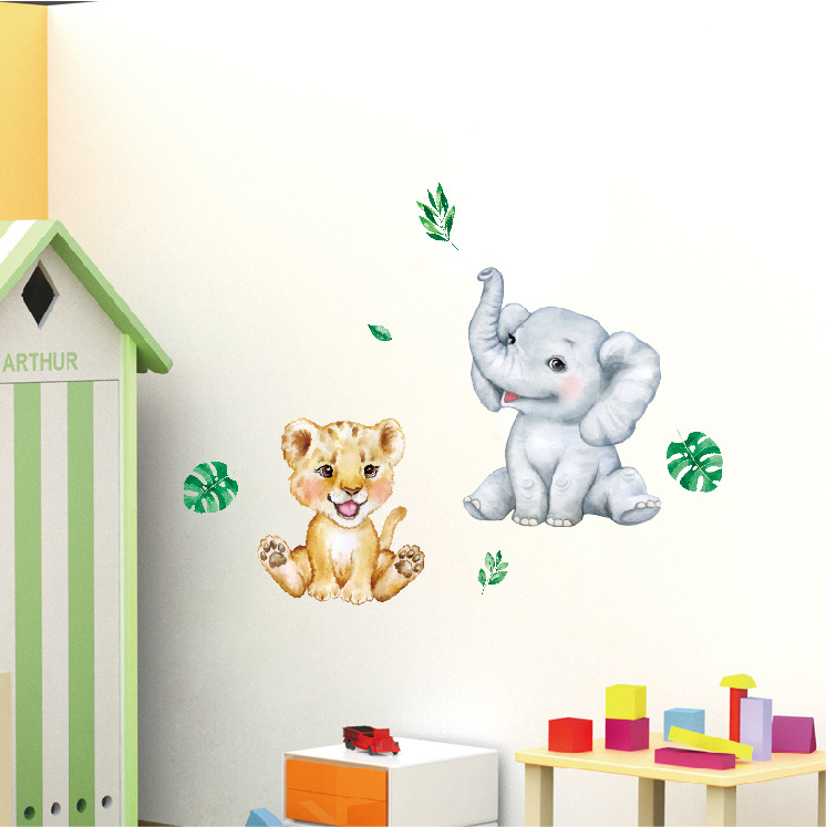 Elephant lion green leaf Cartoon Animal Wall Decal Wallpaper For Kid's Bedroom Baby Room Nursery Wall Decorative Stickers