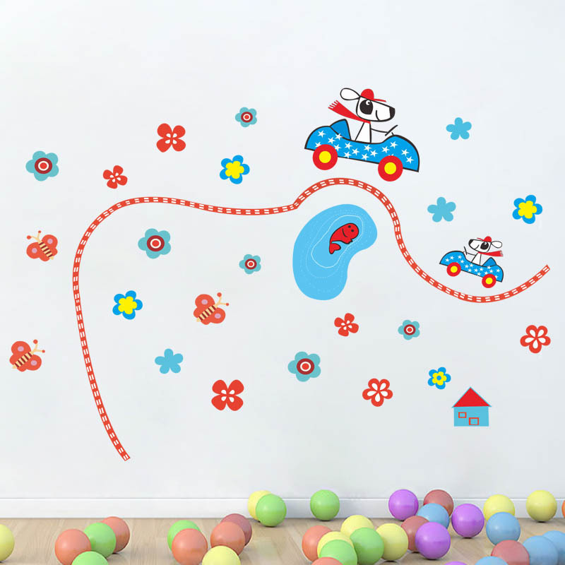 DIY Cartoon Flowers Car Pond Wall Sticker PVC Large Size Eco-friendly For Children Room  Home Decals Transfer Peel And Stick