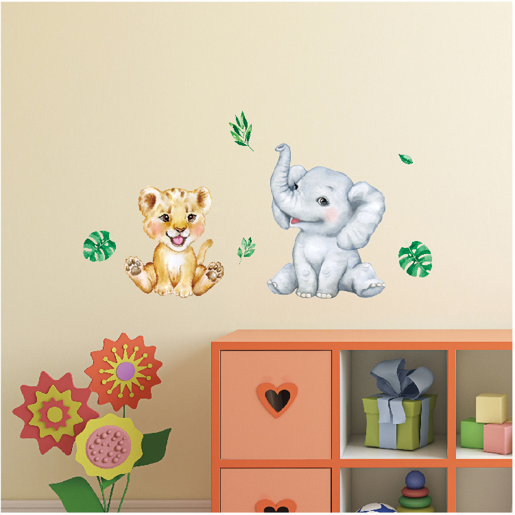 Elephant lion green leaf Cartoon Animal Wall Decal Wallpaper For Kid's Bedroom Baby Room Nursery Wall Decorative Stickers