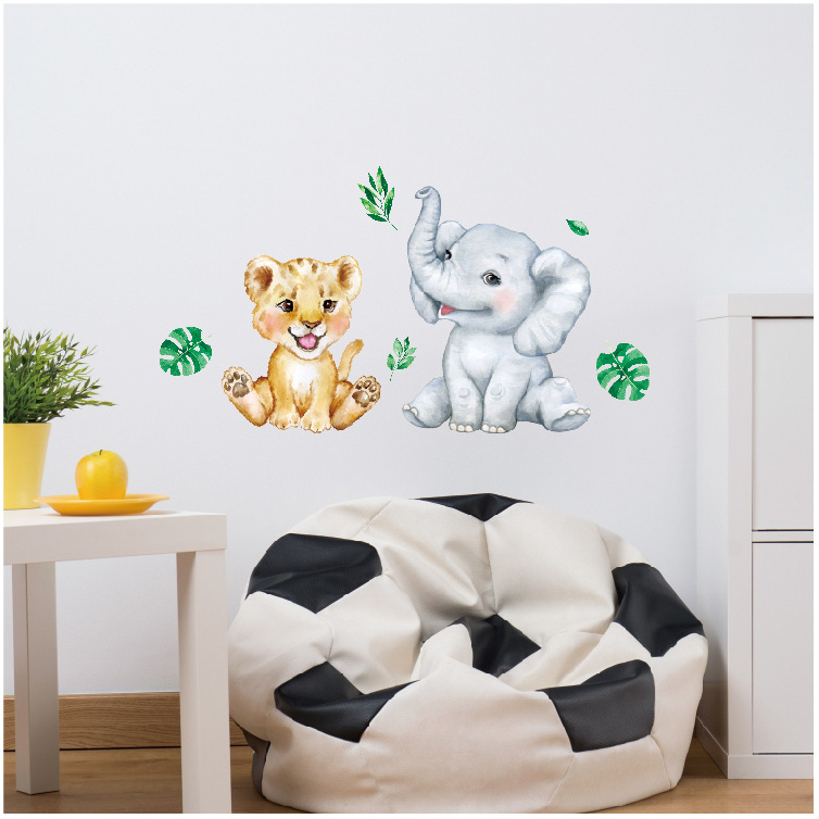 Elephant lion green leaf Cartoon Animal Wall Decal Wallpaper For Kid's Bedroom Baby Room Nursery Wall Decorative Stickers