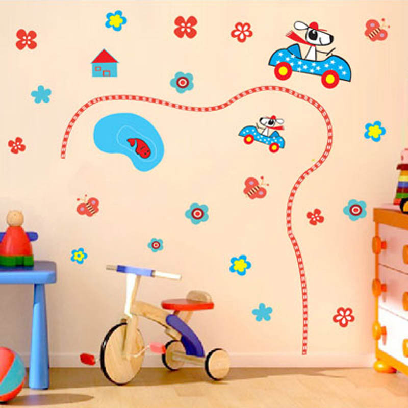 DIY Cartoon Flowers Car Pond Wall Sticker PVC Large Size Eco-friendly For Children Room  Home Decals Transfer Peel And Stick