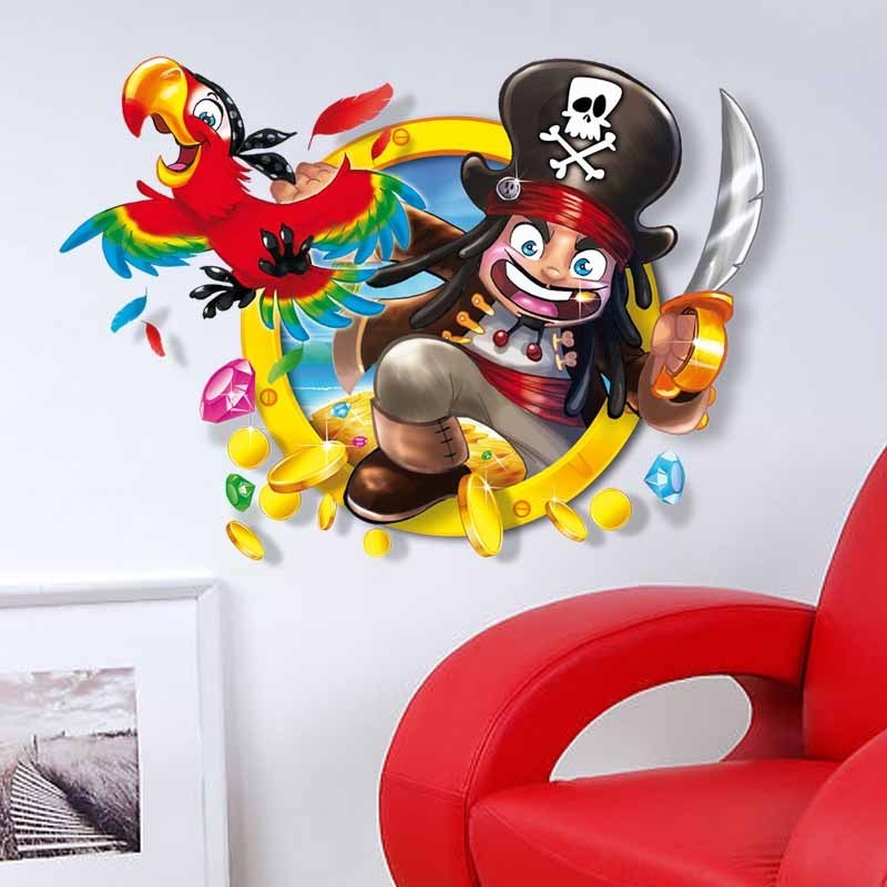 3D Parrot Pirate Cartoon Wall Sticker Home Decal PVC Room Wall Art Large Size Reusable Eco-friendly For Kids