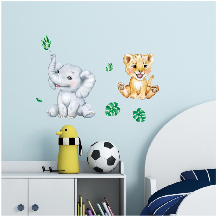 Elephant lion green leaf Cartoon Animal Wall Decal Wallpaper For Kid's Bedroom Baby Room Nursery Wall Decorative Stickers