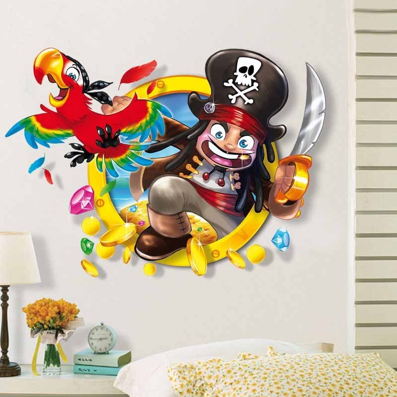 3D Parrot Pirate Cartoon Wall Sticker Home Decal PVC Room Wall Art Large Size Reusable Eco-friendly For Kids