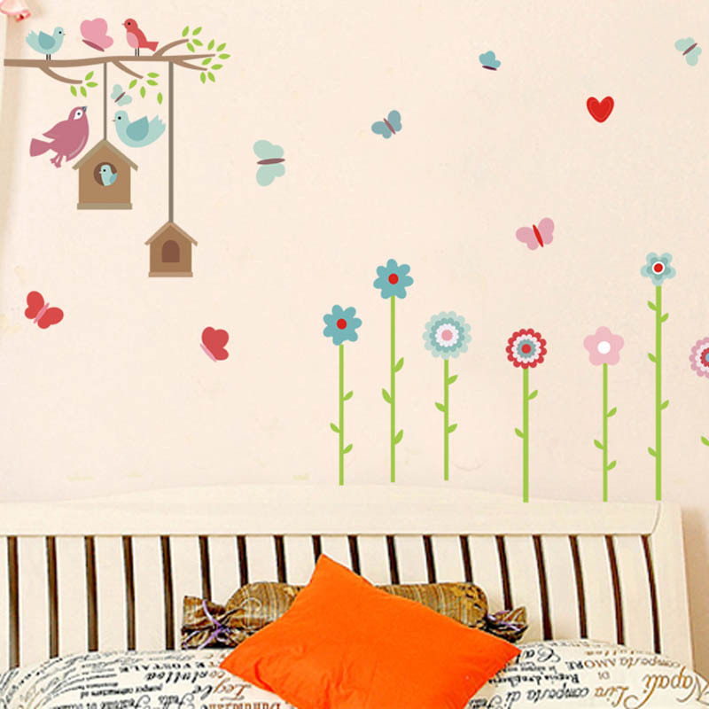 High quality wall decals Removable Flowers Birds Sticker for Kids Bedroom Butterfly tree Wall Decoration vinyl Sticker