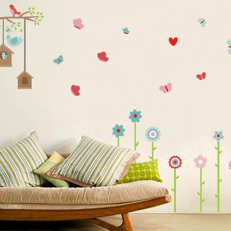 High quality wall decals Removable Flowers Birds Sticker for Kids Bedroom Butterfly tree Wall Decoration vinyl Sticker