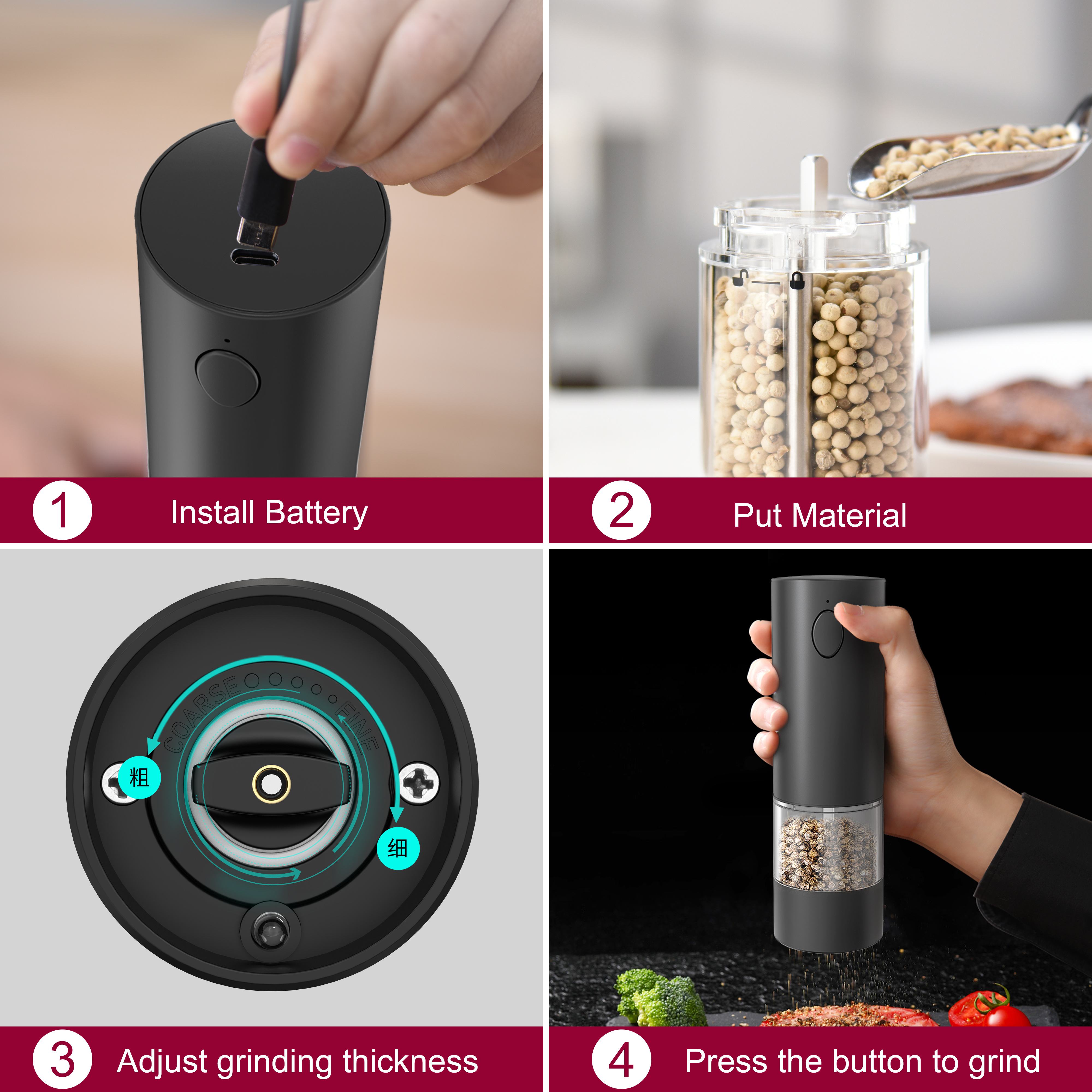 Kitchen Appliance 95ML Battery Operated Electric Salt and Pepper Grinder Mill Set