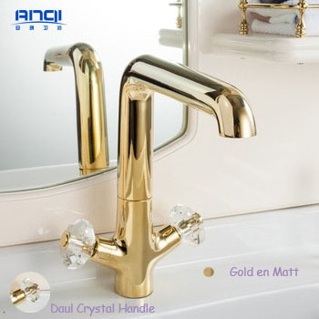 Deck Mounted dual crystal handle Golden basin faucet on stage basin sink