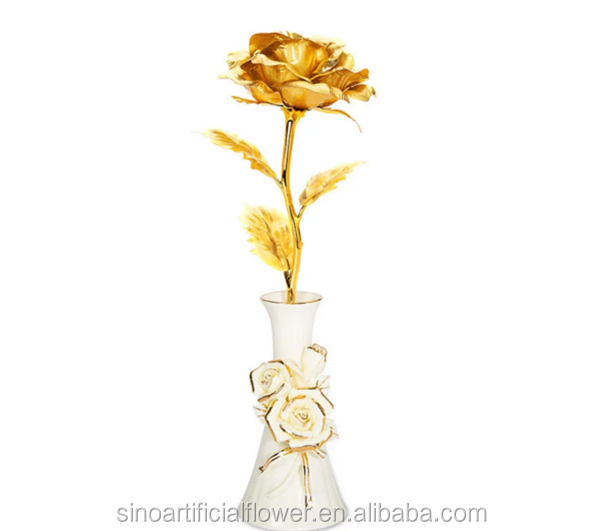 artificial 24k gold rose flower Metal Flowers with vase for Valentine's day