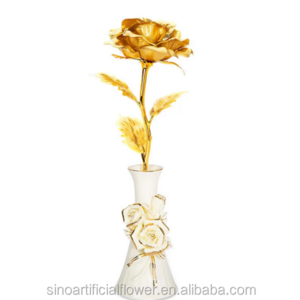 artificial 24k gold rose flower Metal Flowers with vase for Valentine's day