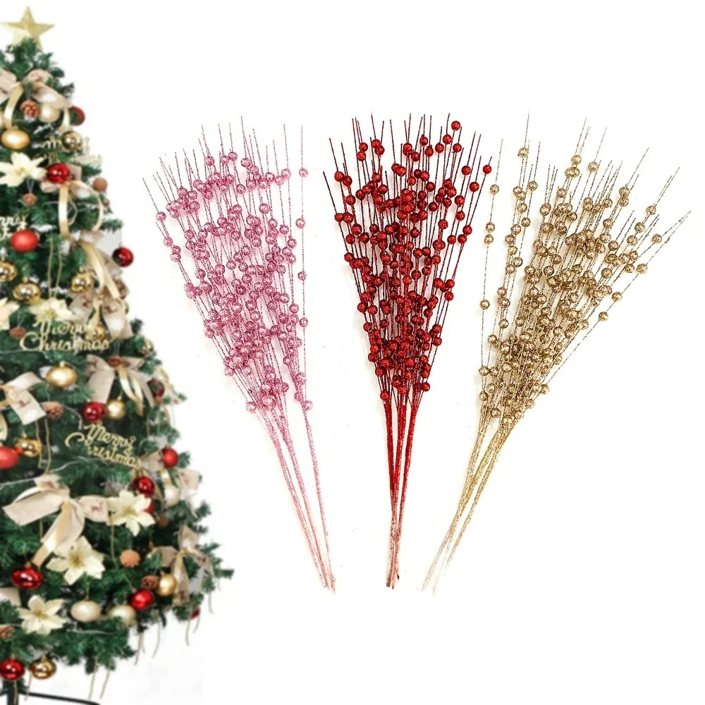 Gold Christmas Decorative Flash Artificial Berry Stem Decor for Christmas Tree DIY Wreath Fireplace Holiday Crafts Gifts