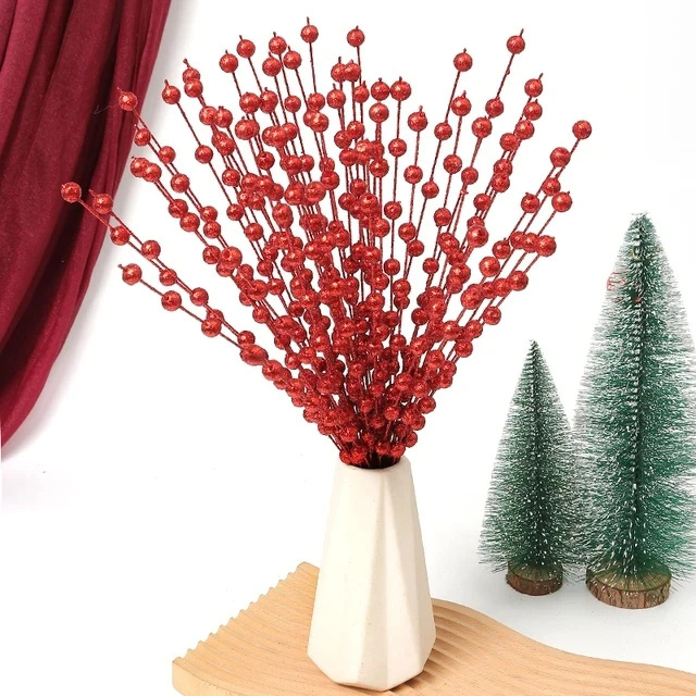 Gold Christmas Decorative Flash Artificial Berry Stem Decor for Christmas Tree DIY Wreath Fireplace Holiday Crafts Gifts