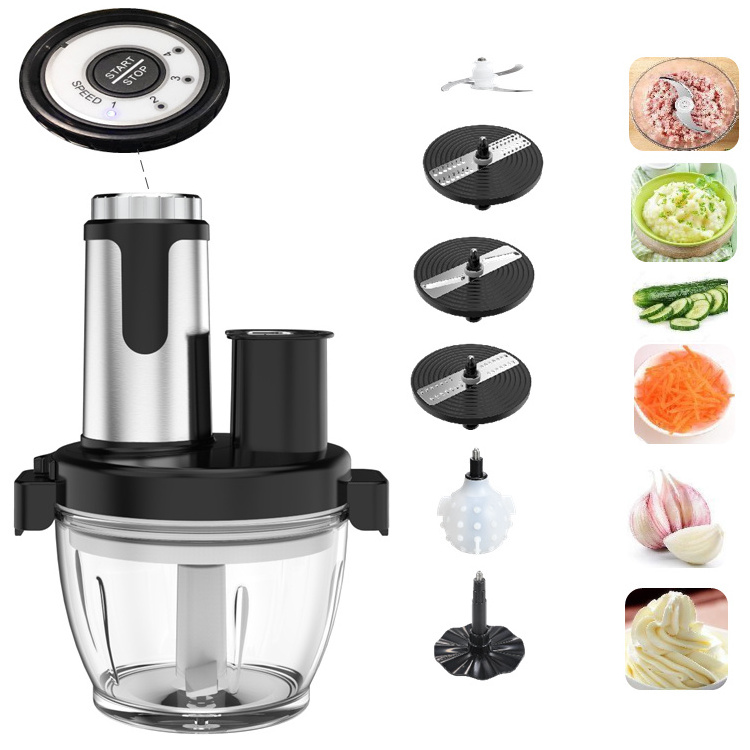 400W 4-Speed Electric Food Processor 2L Glass Bowl 2-Layer Un-detachable Blades Metal Connector Cup Lid Detachable Household