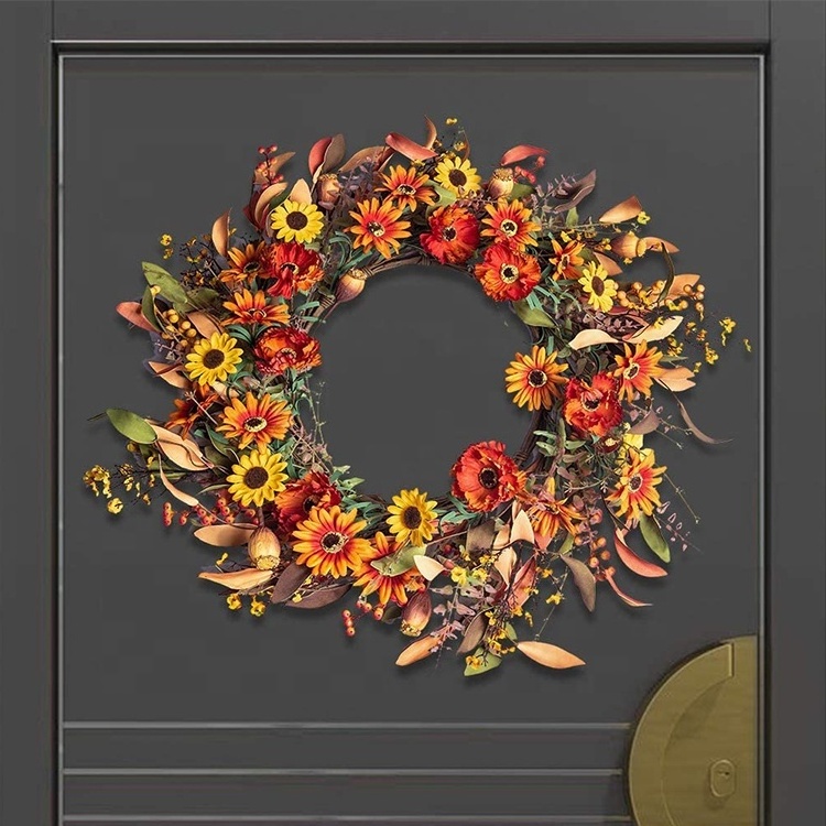 Artificial fall floral wreath orange wreath autumn wreath for front door wall window decor and thanksgiving harvest festival cel