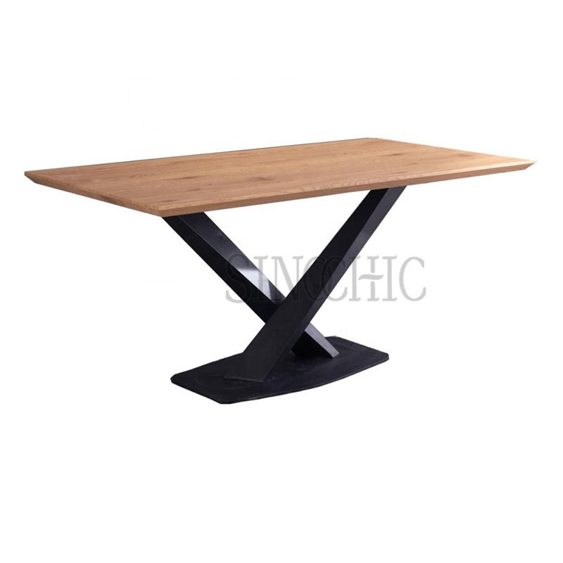 High quality modern design wooden industrial style dining table with black metal legs with benches and chairs